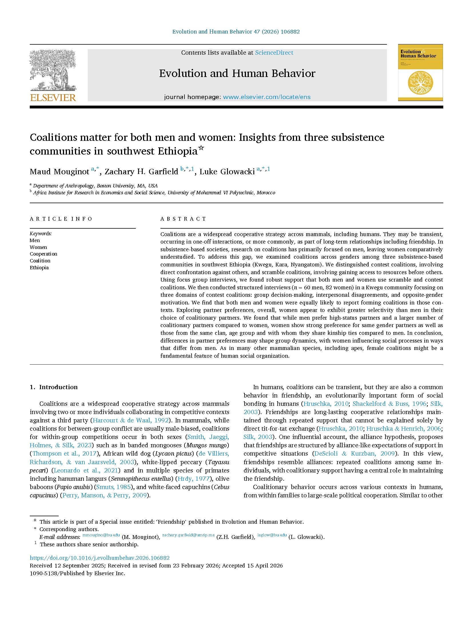 Cover: Coalitions matter for both men and women: Insights from three subsistence communities in southwest Ethiopia