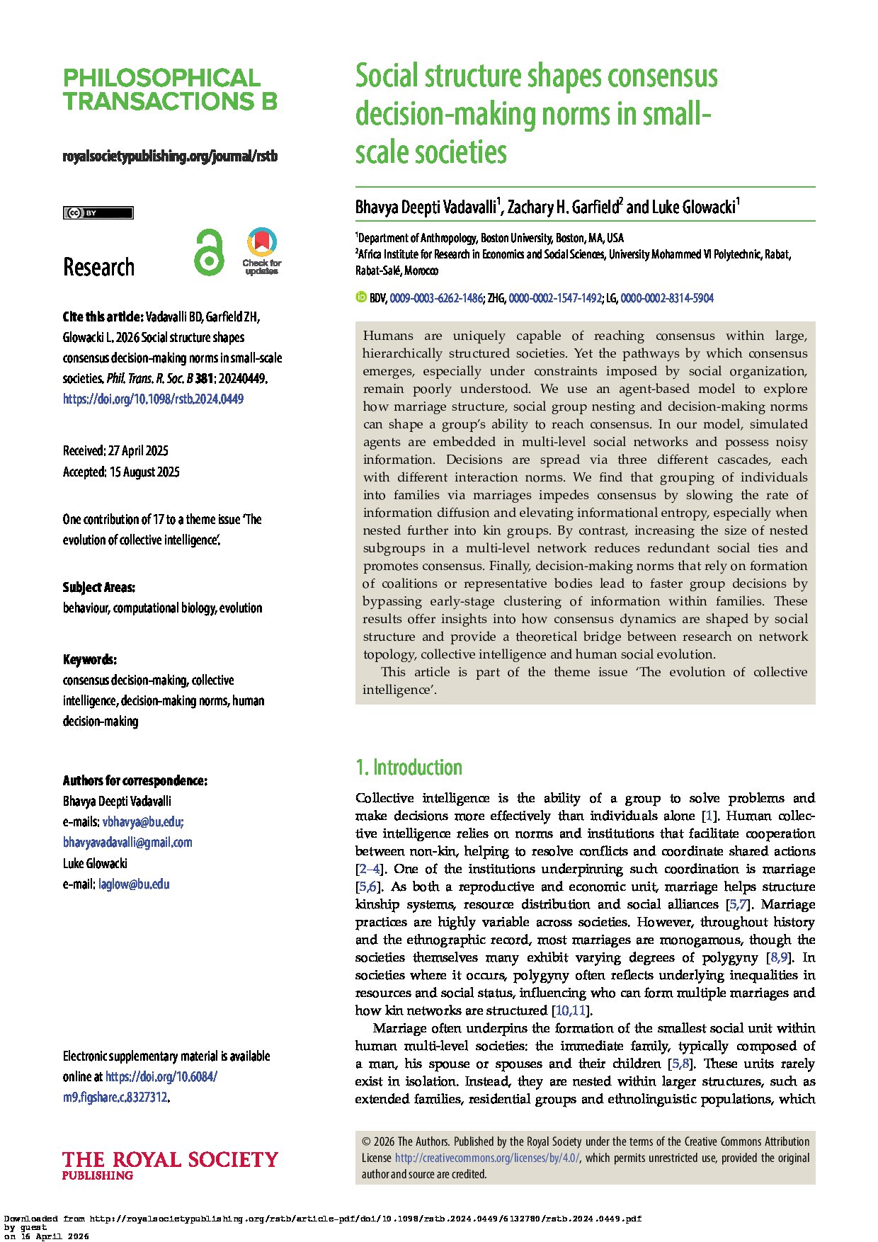 Cover: Social structure shapes consensus decision-making norms in small-scale societies