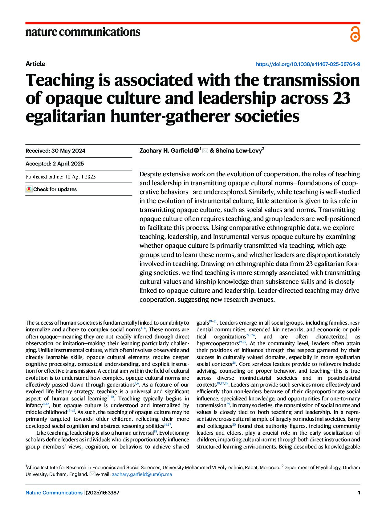 Cover: Teaching is associated with the transmission of opaque culture and leadership across 23 egalitarian hunter-gatherer societies