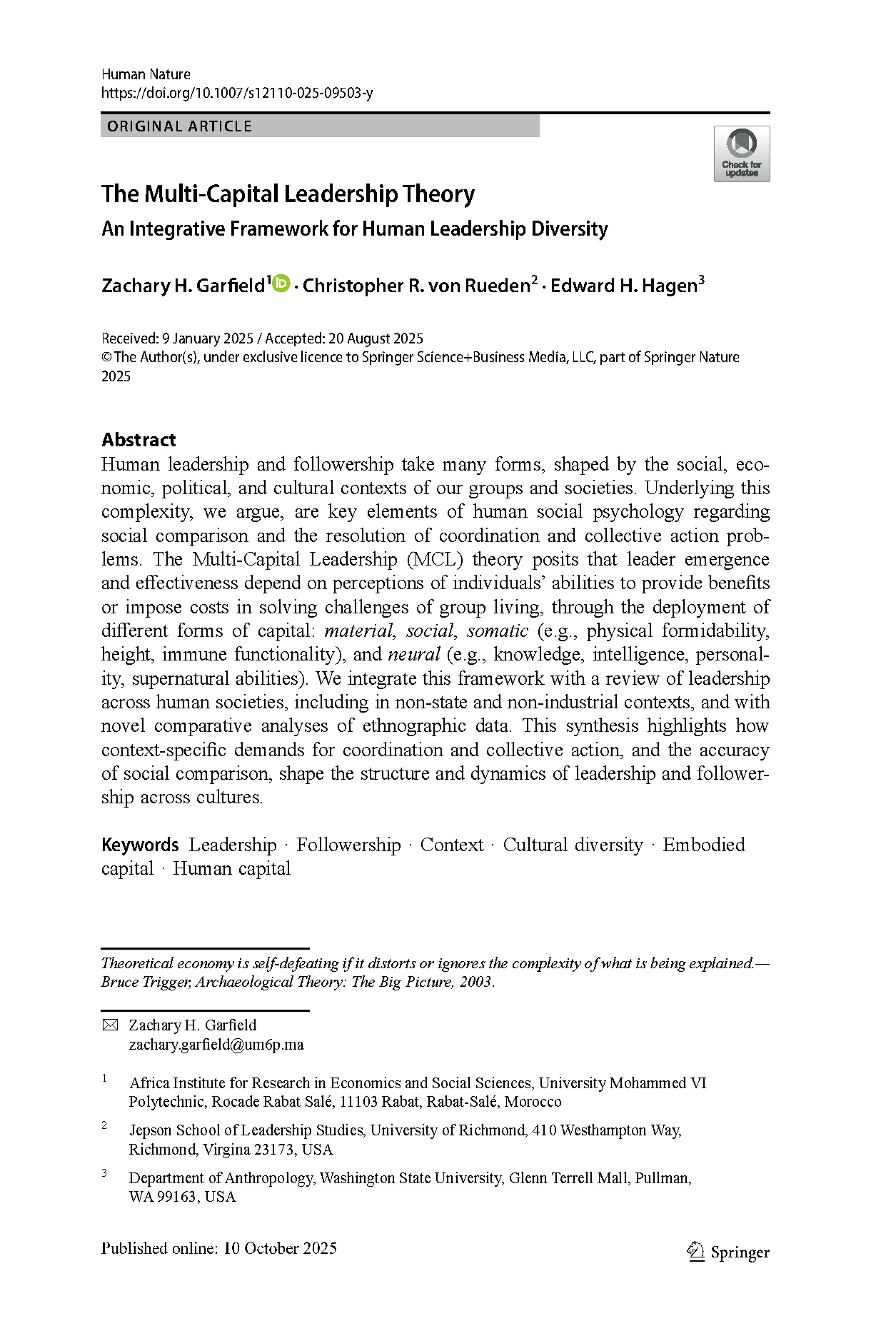 Cover: The Multi-Capital Leadership Theory: An Integrative Framework for Human Leadership Diversity